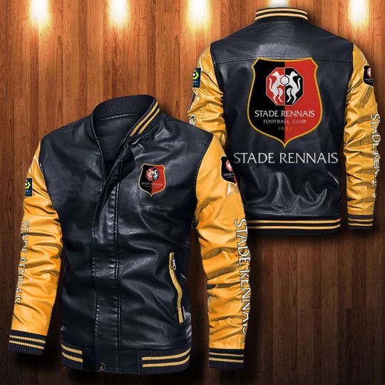 Stade Rennais FC Black Yellow Leather Bomber Jacket Stade Rennais FC Black Yellow Leather Bomber Jacket