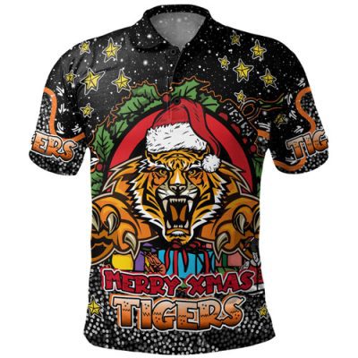 Wests Tigers Christmas Custom Polo Shirt - Merry Christmas Our Beloved Team With Aboriginal Dot Art Pattern Polo Shirt