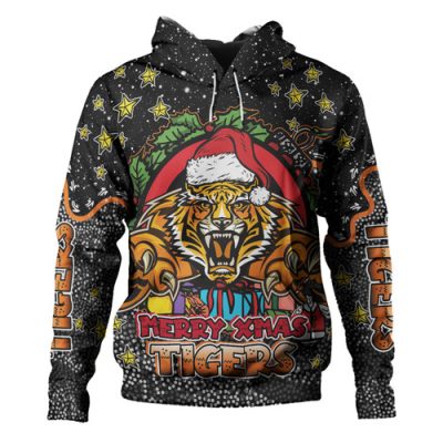 Wests Tigers Christmas Custom Hoodie - Merry Christmas Our Beloved Team With Aboriginal Dot Art Pattern Hoodie