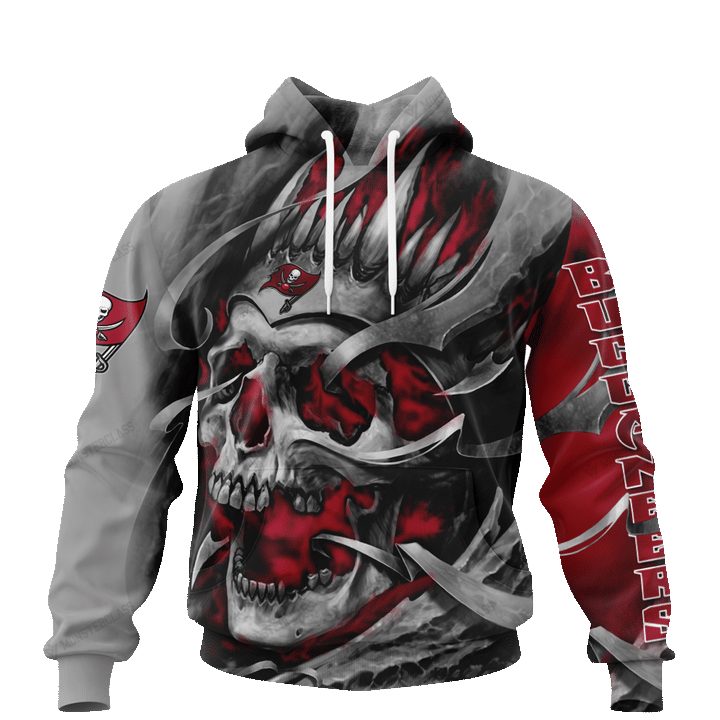 NFL Tampa Bay Buccaneers Custom Name Number Grey Skull Red Pullover Hoodie NFL Tampa Bay Buccaneers Custom Name Number Grey Skull Red Pullover Hoodie