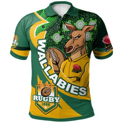 Wallabies Rugby Polo Shirt - Custom Super Kangaroo Rugby Ball Mascot Aboriginal Inspired Style Polo Shirt