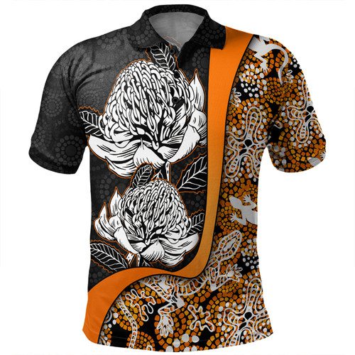 Australia Warratah Goanna Aboriginal Polo Shirt - Waratah Flowers With Orange Lizards, Stones, Sand Dot Art Painting Inspired Polo Shirt Australia Warratah Goanna Aboriginal Polo Shirt - Waratah Flowers With Orange Lizards, Stones, Sand Dot Art Painting Inspired Polo Shirt