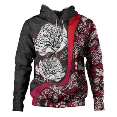Australia  Warratah Goanna Aboriginal Hoodie - Waratah Flowers With Red Lizards, Stones, Sand Dot Art Painting Inspired Hoodie