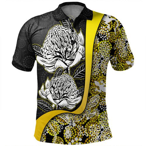 Australia Warratah Goanna Aboriginal Polo Shirt - Waratah Flowers With Yellow Lizards, Stones, Sand Dot Art Painting Inspired Polo Shirt Australia Warratah Goanna Aboriginal Polo Shirt - Waratah Flowers With Yellow Lizards, Stones, Sand Dot Art Painting Inspired Polo Shirt