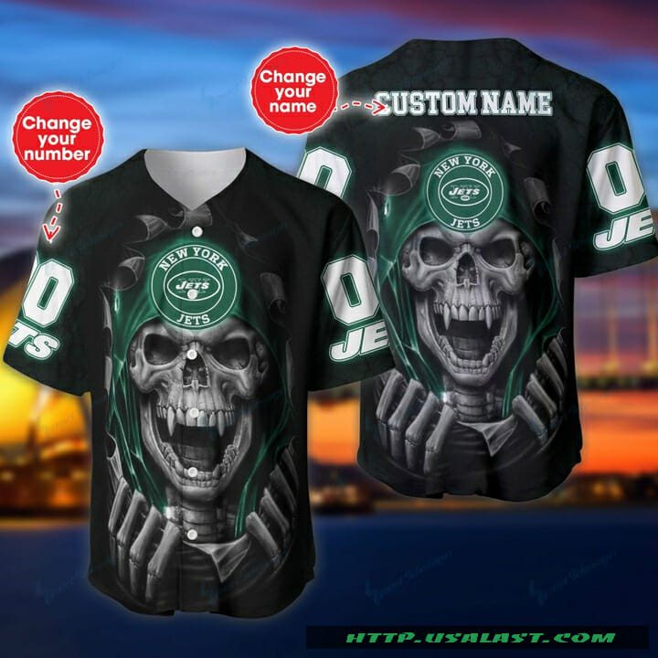 NFL New York Jets Custom Name Number Skull Baseball Jersey NFL New York Jets Custom Name Number Skull Baseball Jersey