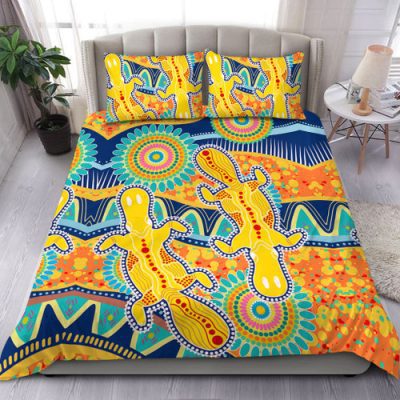 Australia Animals Platypus Aboriginal Bedding Set - Green Platypus With Aboriginal Art Dot Painting Patterns Inspired Bedding Set