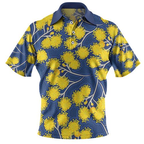 Australia Flowers Aboriginal Polo Shirt - Yellow Wattle Flowers With Aboriginal Dot Art Polo Shirt Australia Flowers Aboriginal Polo Shirt - Yellow Wattle Flowers With Aboriginal Dot Art Polo Shirt