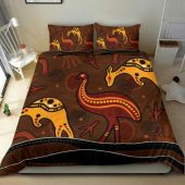 Australia Aboriginal Inspired Bedding Set - Indigenous Kangaroo and Emu Brown Color