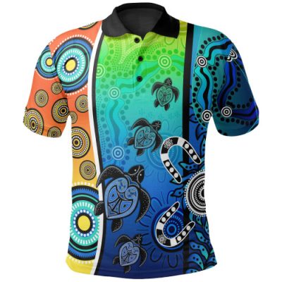 Australia Aboriginal Inspired Polo Shirt - Indigenous Turtle Dot Painting Art