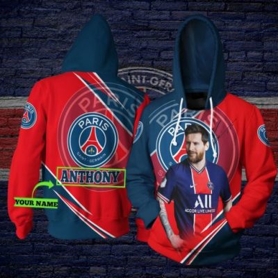 Paris Saint-Germain FC Custom Name Messi Red Blue Pullover Hoodie