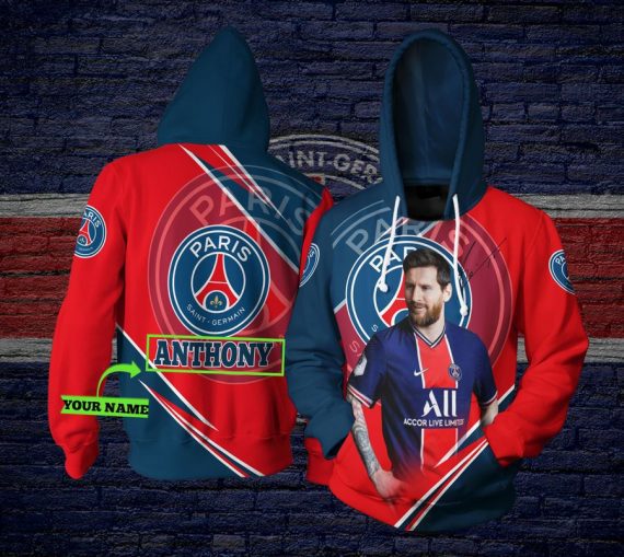Paris Saint-Germain FC Custom Name Messi Red Blue Pullover Hoodie Paris Saint-Germain FC Custom Name Messi Red Blue Pullover Hoodie