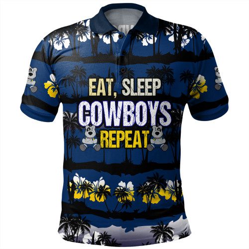 North Queensland Cowboys Polo Shirt - Eat Sleep Repeat With Tropical Patterns North Queensland Cowboys Polo Shirt - Eat Sleep Repeat With Tropical Patterns