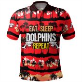 Redcliffe Dolphins Polo Shirt - Eat Sleep Repeat With Tropical Patterns