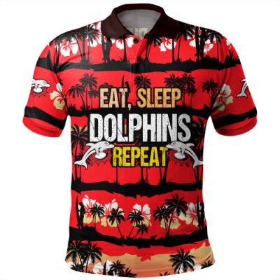 Redcliffe Dolphins Polo Shirt - Eat Sleep Repeat With Tropical Patterns