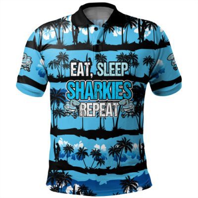 Cronulla-Sutherland Sharks Polo Shirt - Eat Sleep Repeat With Tropical Patterns