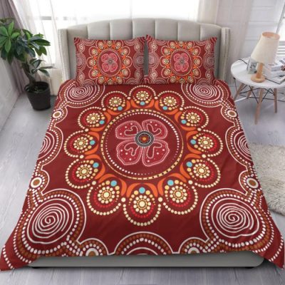Australia Aboriginal Inspired Bedding Set - Aboriginal Inspired Dot Art Painting With Red Poppy Flower
