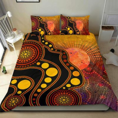 Australia Aboriginal Inspired Bedding Set - Australia Indigenous Flag Circle Dot Painting Art (Golden)