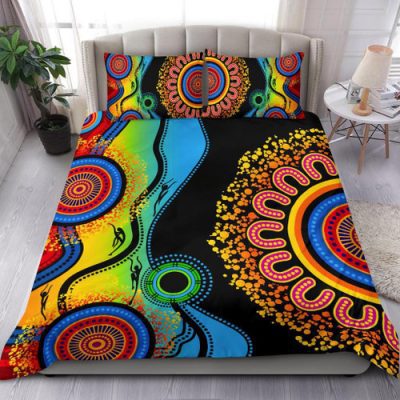 Australia Aboriginal Inspired Bedding Set - Dot Painting Indigenous Circle Patterns Blue Dream