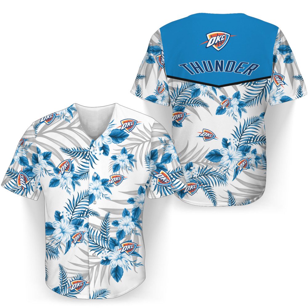 NBA Oklahoma City Thunder White Blue Lily Flowers Baseball Jersey NBA Oklahoma City Thunder White Blue Lily Flowers Baseball Jersey