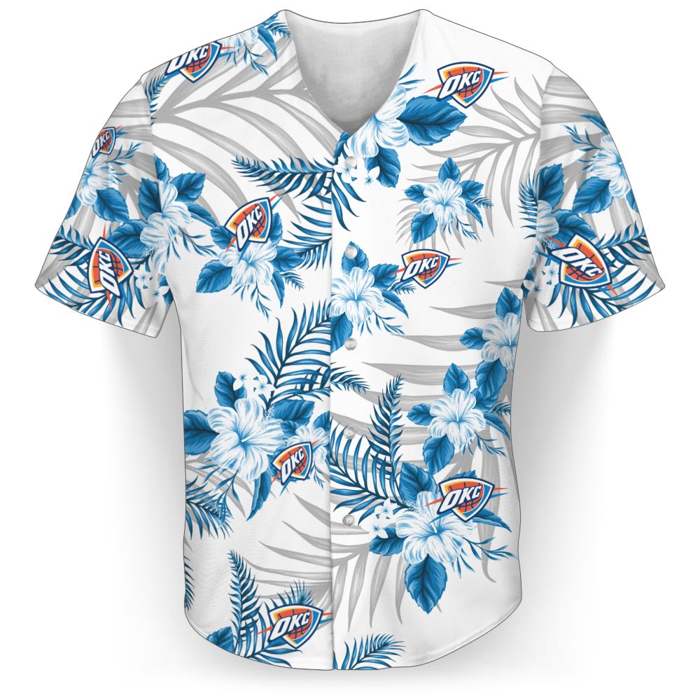 NBA Oklahoma City Thunder White Blue Lily Flowers Baseball Jersey NBA Oklahoma City Thunder White Blue Lily Flowers Baseball Jersey