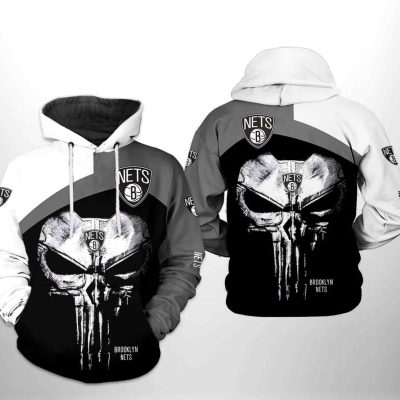 NBA Brooklyn Nets Gray Black Punisher Skull Pullover Hoodie