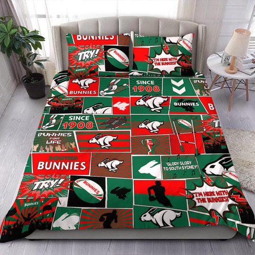 South Sydney Rabbitohs Bedding Set - Team Of Us Die Hard Fan Supporters Comic Style South Sydney Rabbitohs Bedding Set - Team Of Us Die Hard Fan Supporters Comic Style