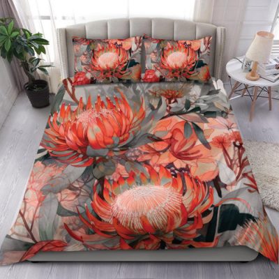 Australia Waratah Bedding Set - Red Orange Waratah Flowers Art Bedding Set