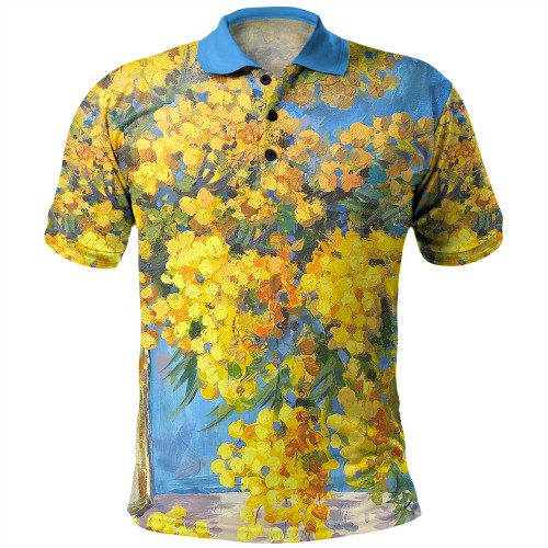 Australia Golden Wattle Polo Shirt - Golden Wattle Blue Background Oil Painting Art Polo Shirt Australia Golden Wattle Polo Shirt - Golden Wattle Blue Background Oil Painting Art Polo Shirt