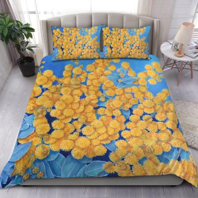 Australia Golden Wattle Bedding Set - Golden Wattle Bouquet Blue Background Oil Painting Art  Bedding Set