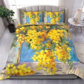 Australia Golden Wattle Bedding Set - Golden Wattle Bouquet Blue Background Oil Painting Art  Bedding Set