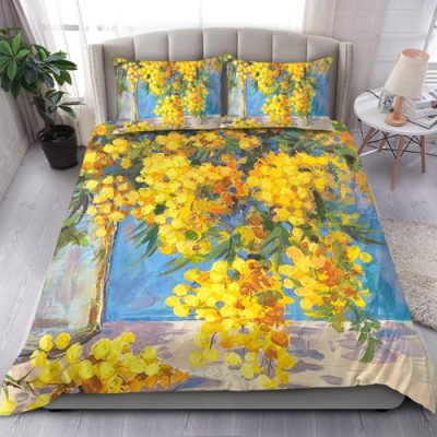 Australia Golden Wattle Bedding Set - Golden Wattle Bouquet Blue Background Oil Painting Art  Bedding Set
