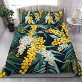 Australia Golden Wattle Bedding Set - Golden Wattle Seamless Patterns Blue Background Bedding Set