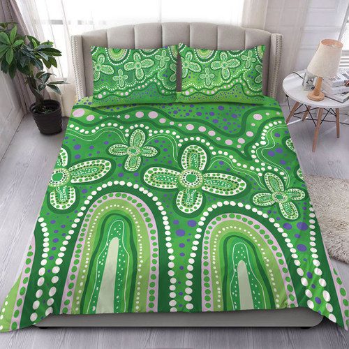 Australia Aboriginal Bedding Set - Dot painting illustration in Aboriginal style Green Bedding Set Australia Aboriginal Bedding Set - Dot painting illustration in Aboriginal style Green Bedding Set