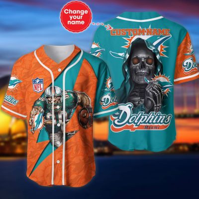 NFL Miami Dolphins Custom Name Orange Aqua Skull Baseball Jersey