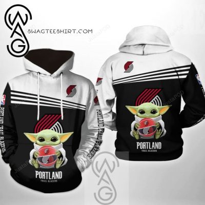 NBA Portland Trail Blazers Black White Baby Yoda Pullover Hoodie