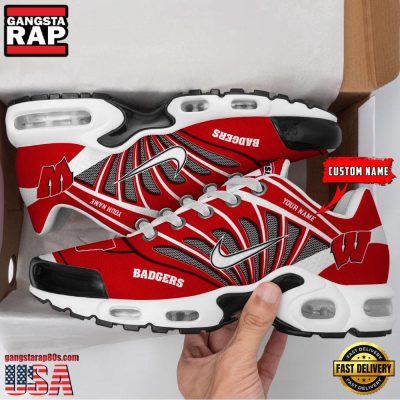 NCAA Wisconsin Badgers Sport Football Logo Custom Name Air Max Plus Shoes Running Sneakers