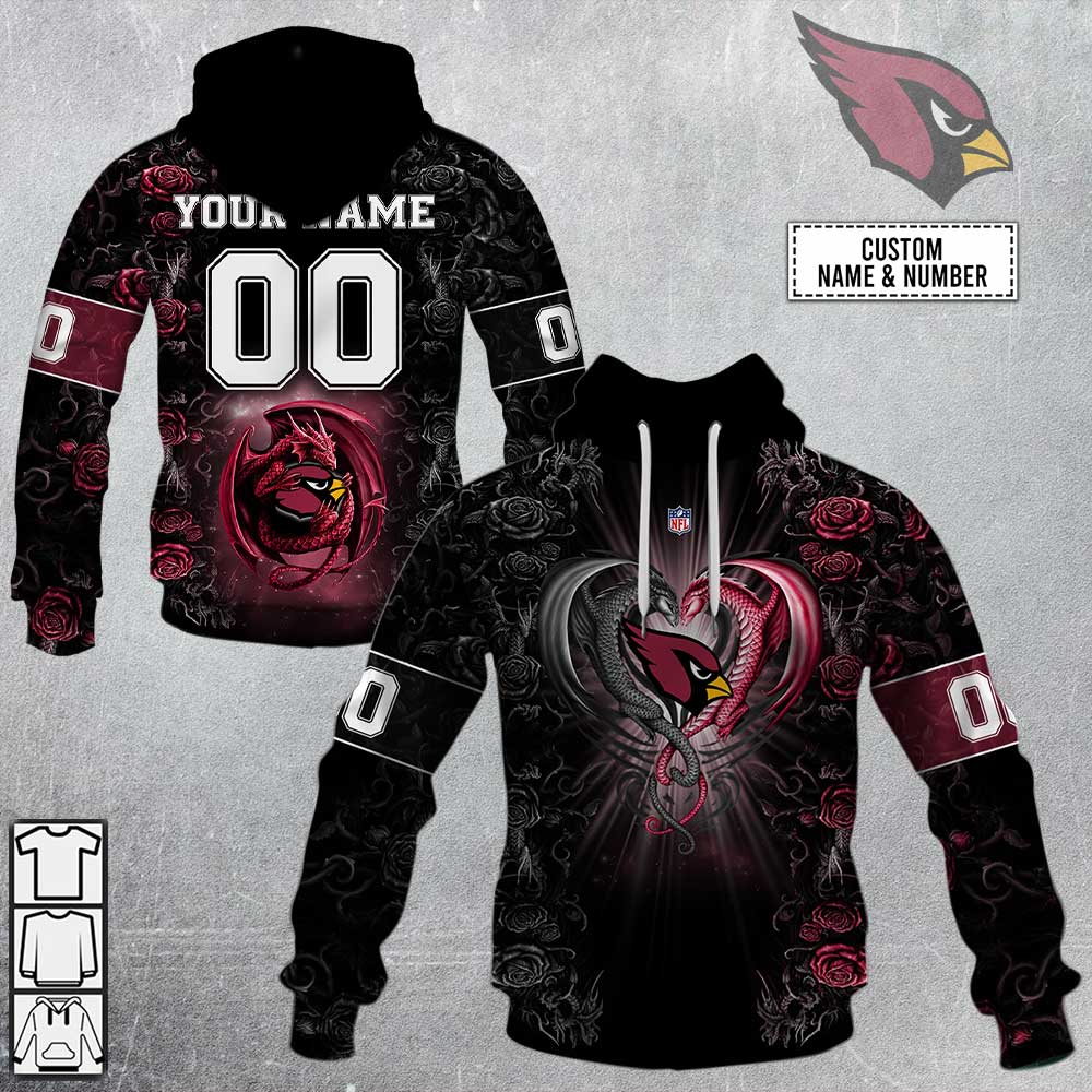 NFL Arizona Cardinals Custom Name Number Rose Dragon Pullover Hoodie NFL Arizona Cardinals Custom Name Number Rose Dragon Pullover Hoodie