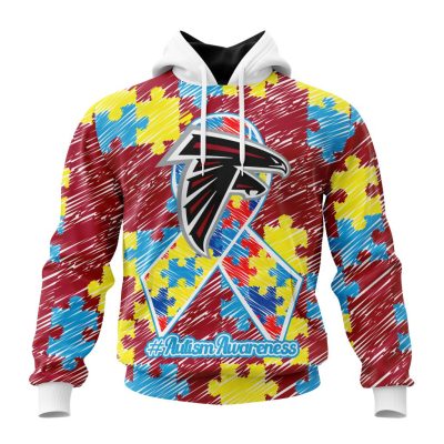 NFL Atlanta Falcons Custom Name Number Puzzle Autism Awareness Pullover Hoodie