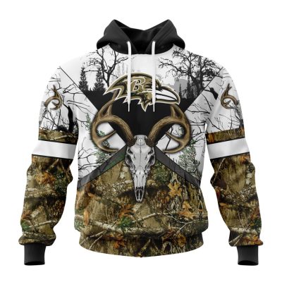 NFL Baltimore Ravens Custom Name Number Deer Skull And Forest Pullover Hoodie