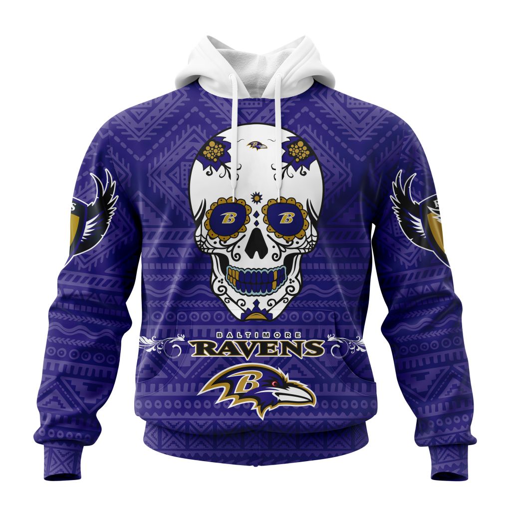 NFL Baltimore Ravens Custom Name Number Kits For Dia De Muertos Pullover Hoodie NFL Baltimore Ravens Custom Name Number Kits For Dia De Muertos Pullover Hoodie