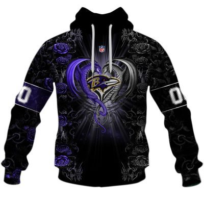 NFL Baltimore Ravens Custom Name Number Rose Dragon Pullover Hoodie