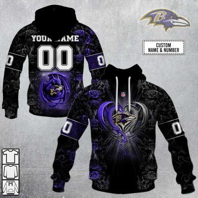 NFL Baltimore Ravens Custom Name Number Rose Dragon Pullover Hoodie