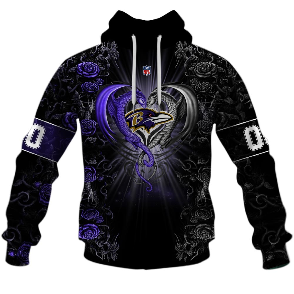 NFL Baltimore Ravens Custom Name Number Rose Dragon Pullover Hoodie NFL Baltimore Ravens Custom Name Number Rose Dragon Pullover Hoodie