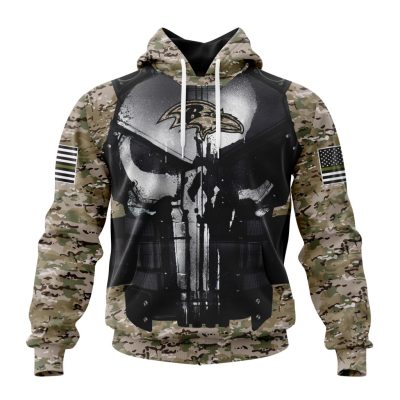 NFL Baltimore Ravens Custom Name Number Skull Camo Veteran Kits Pullover Hoodie