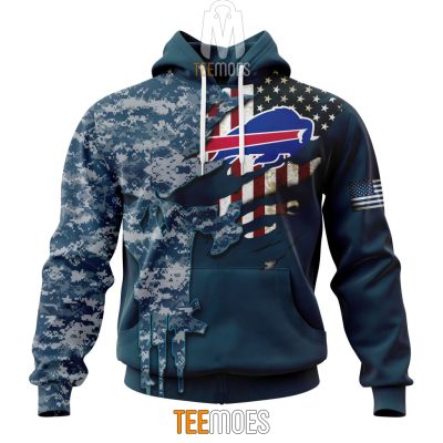 NFL Buffalo Bills Custom Name Number Navy Skull Camo Veteran Pullover Hoodie