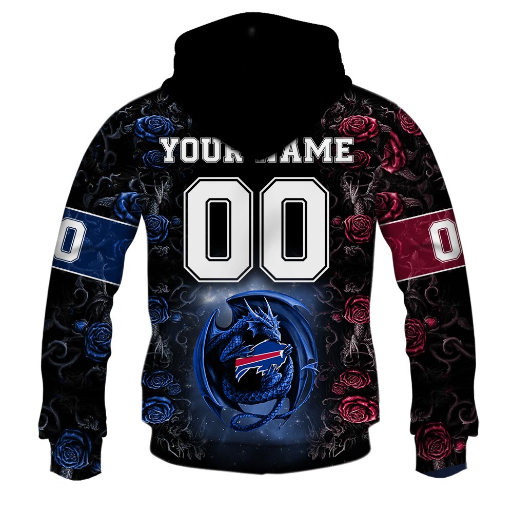 NFL Buffalo Bills Custom Name Number Rose Dragon Pullover Hoodie NFL Buffalo Bills Custom Name Number Rose Dragon Pullover Hoodie
