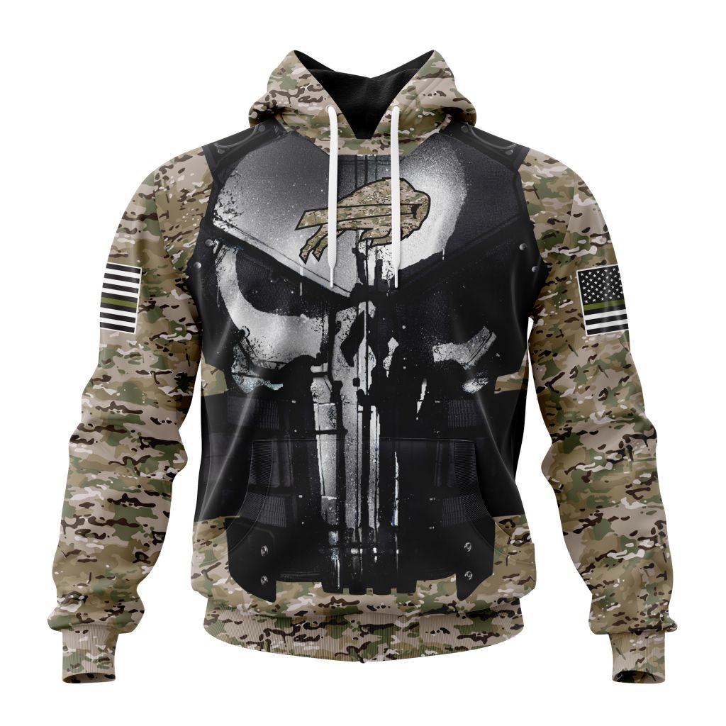 NFL Buffalo Bills Custom Name Number Skull Camo Veteran Kits Pullover Hoodie NFL Buffalo Bills Custom Name Number Skull Camo Veteran Kits Pullover Hoodie