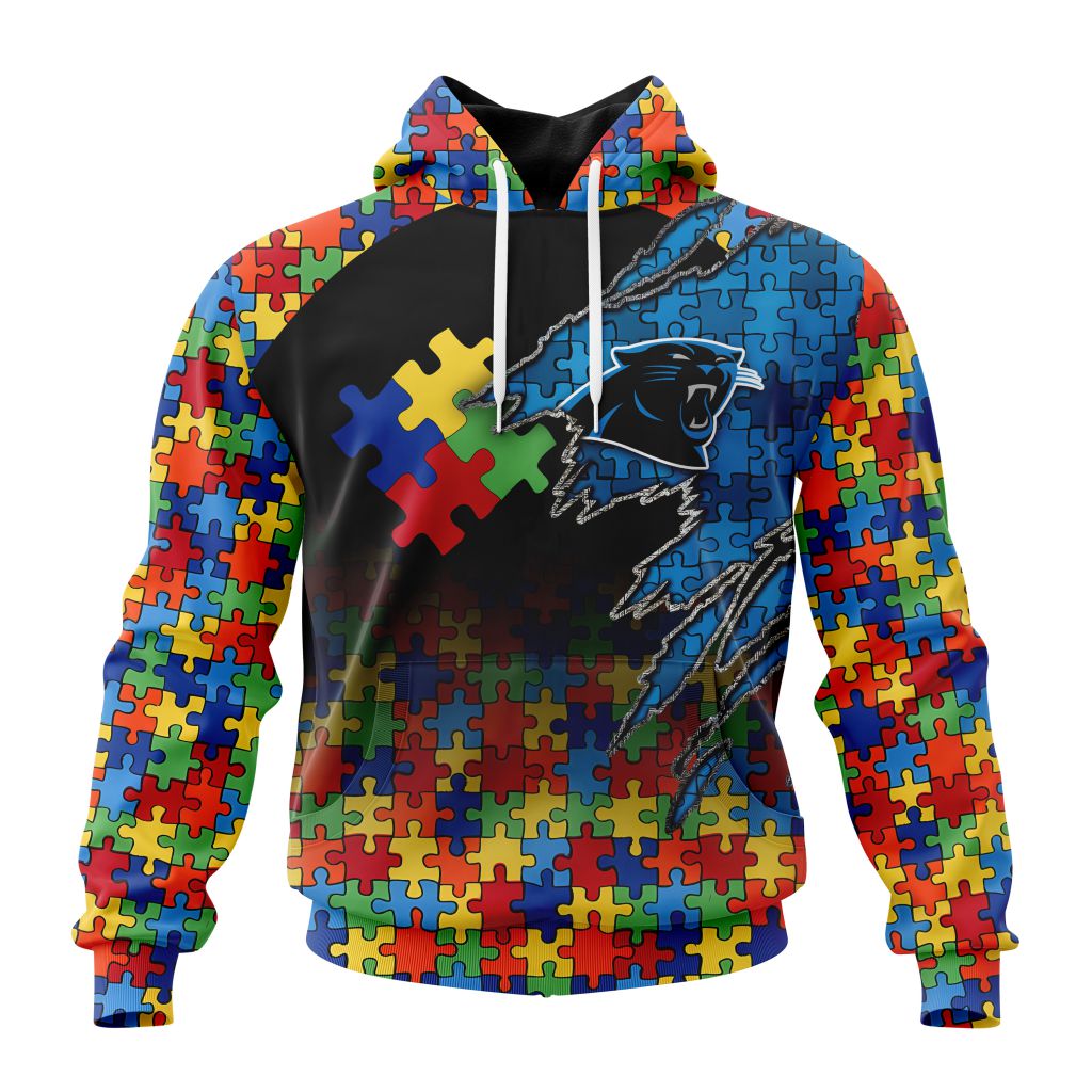 NFL Carolina Panthers Custom Name Number Autism Awareness Design Pullover Hoodie NFL Carolina Panthers Custom Name Number Autism Awareness Design Pullover Hoodie