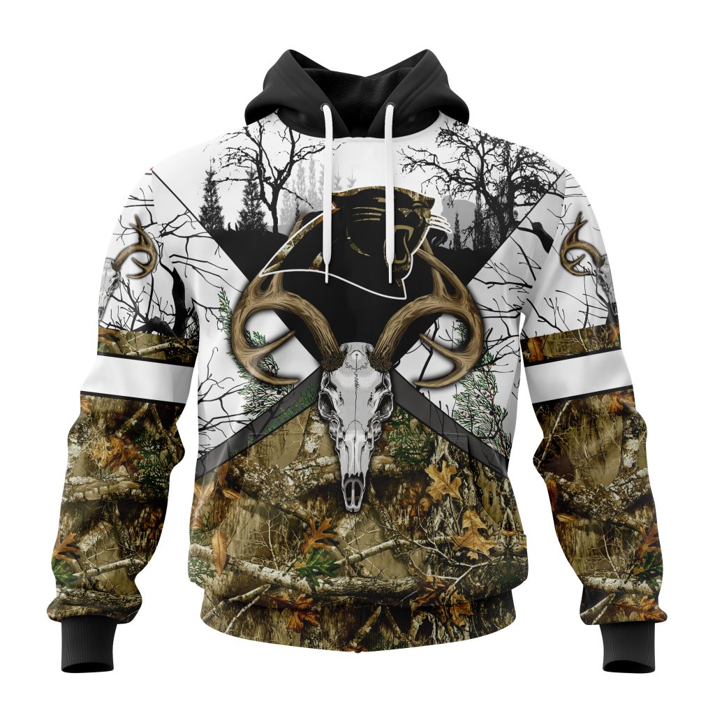 NFL Carolina Panthers Custom Name Number Deer Skull And Forest Pullover Hoodie NFL Carolina Panthers Custom Name Number Deer Skull And Forest Pullover Hoodie