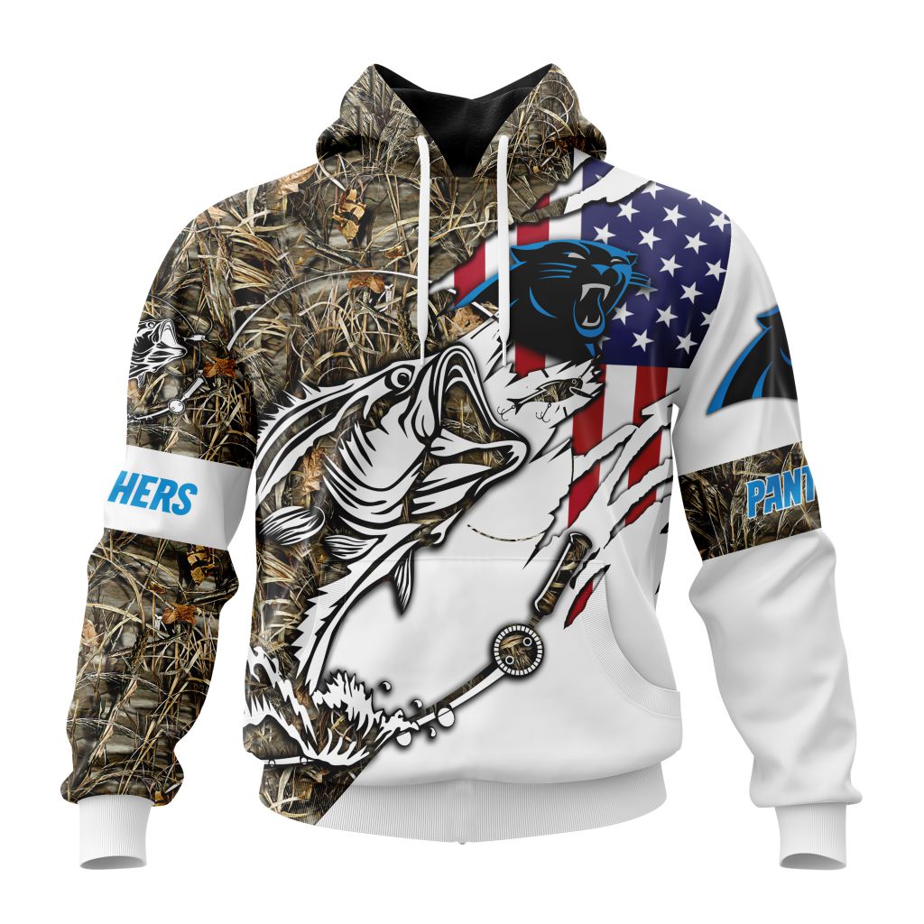 NFL Carolina Panthers Custom Name Number Fishing With Flag Of USA Pullover Hoodie NFL Carolina Panthers Custom Name Number Fishing With Flag Of USA Pullover Hoodie